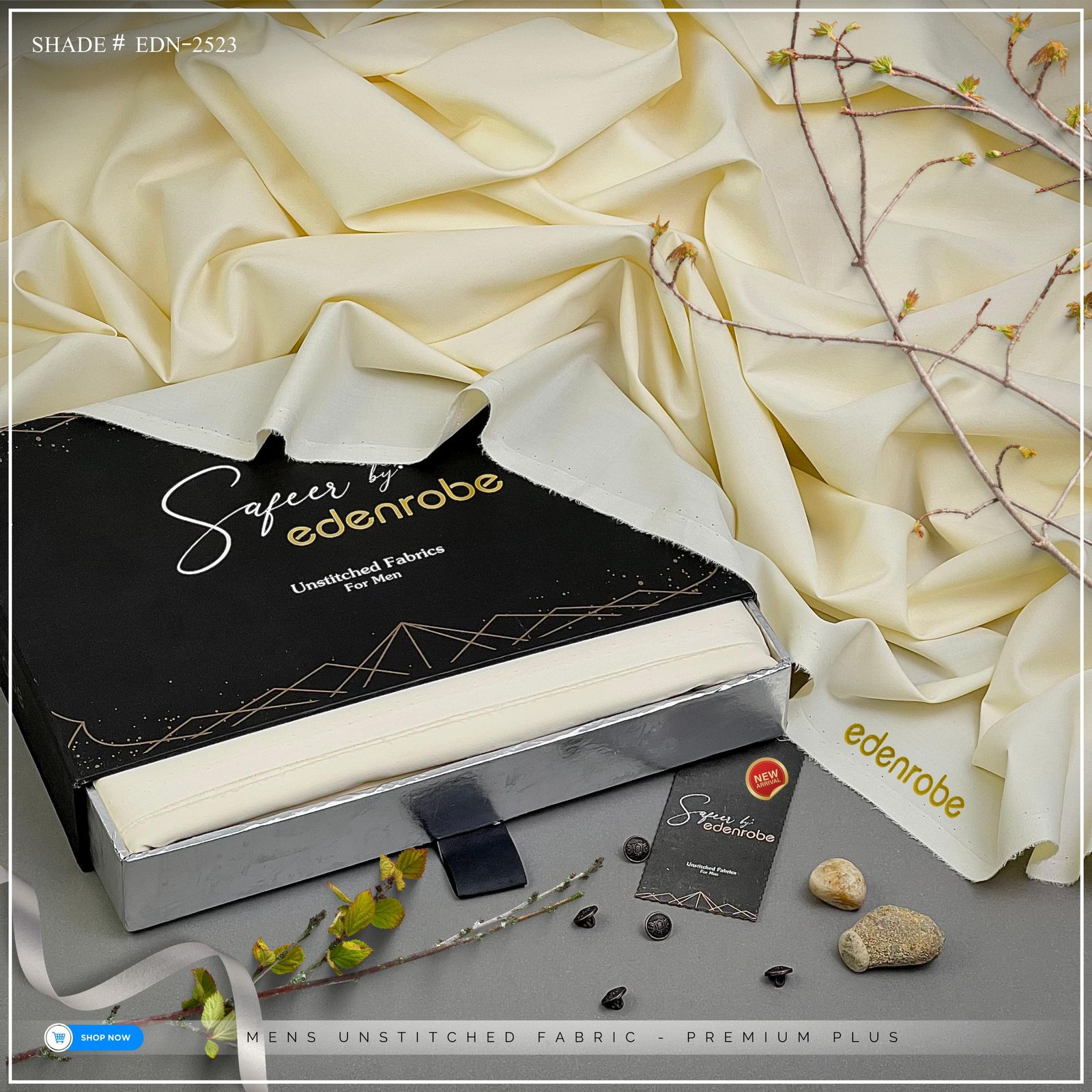 EDENROBE MEN Unstitched Wash & Wear Shade- 23 ( Rich Cream )