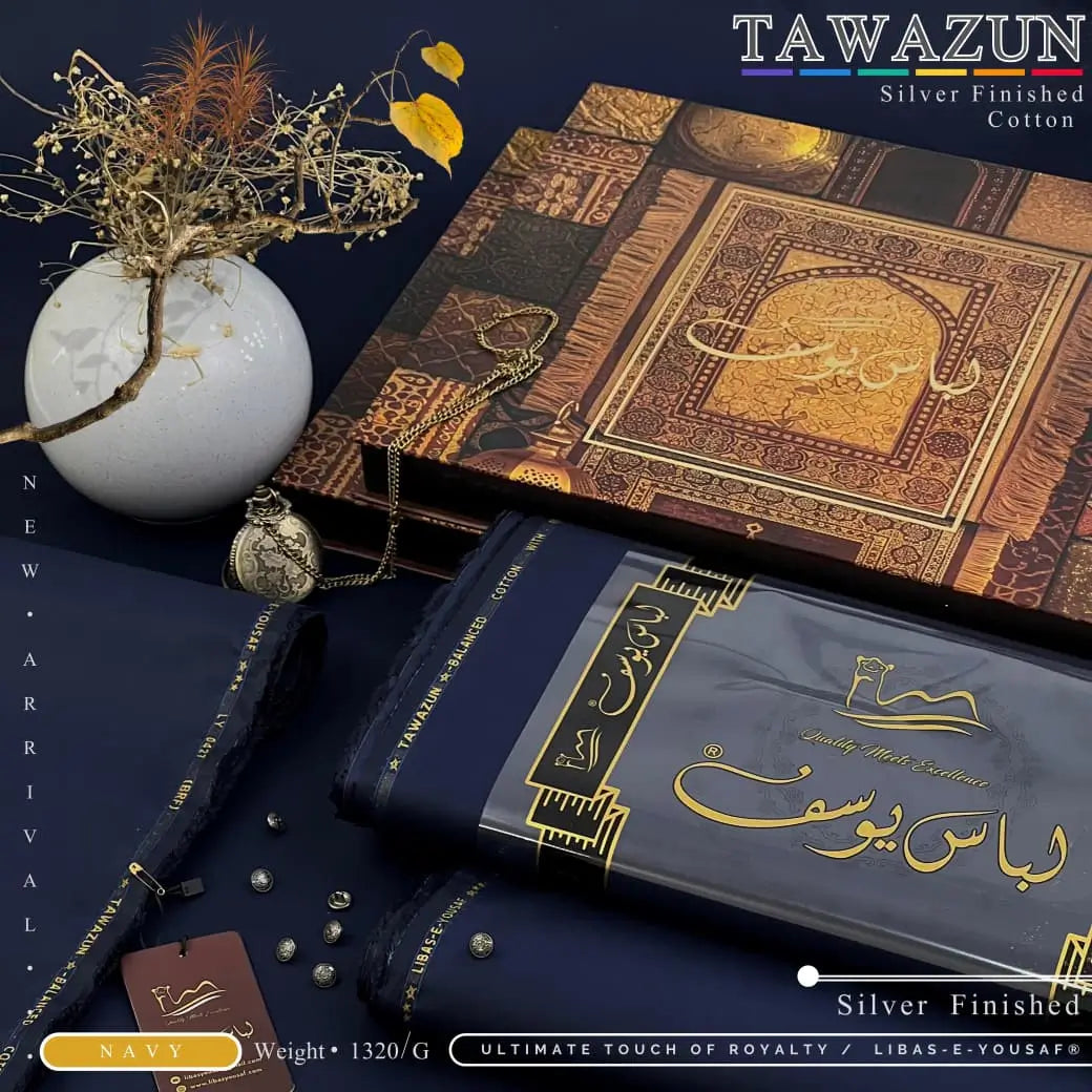 TAWAZUN | By Libas-e-Yousaf® | Silver Refined Finish Premium Cotton | NAVY
