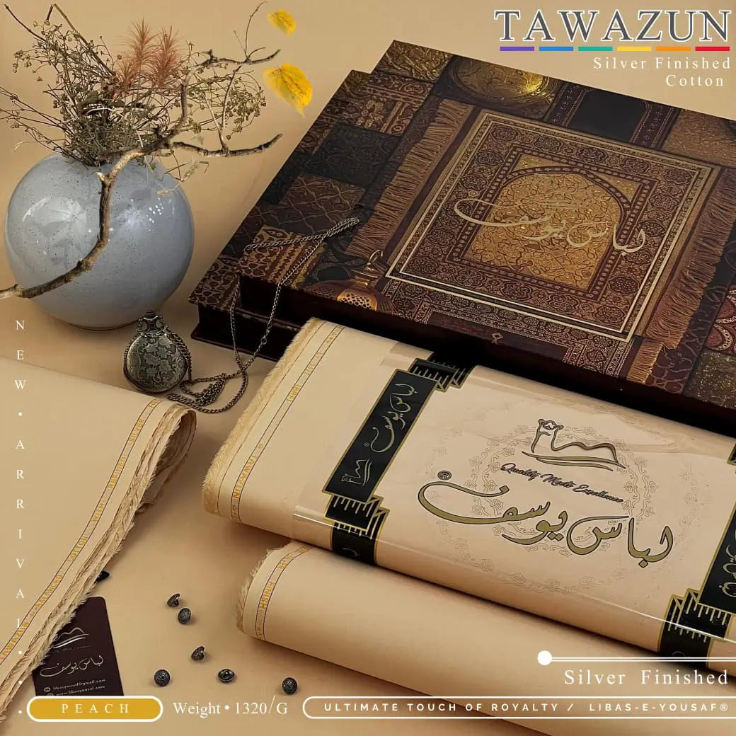 TAWAZUN | By Libas-e-Yousaf® | Silver Refined Finish Premium Cotton | PEACH