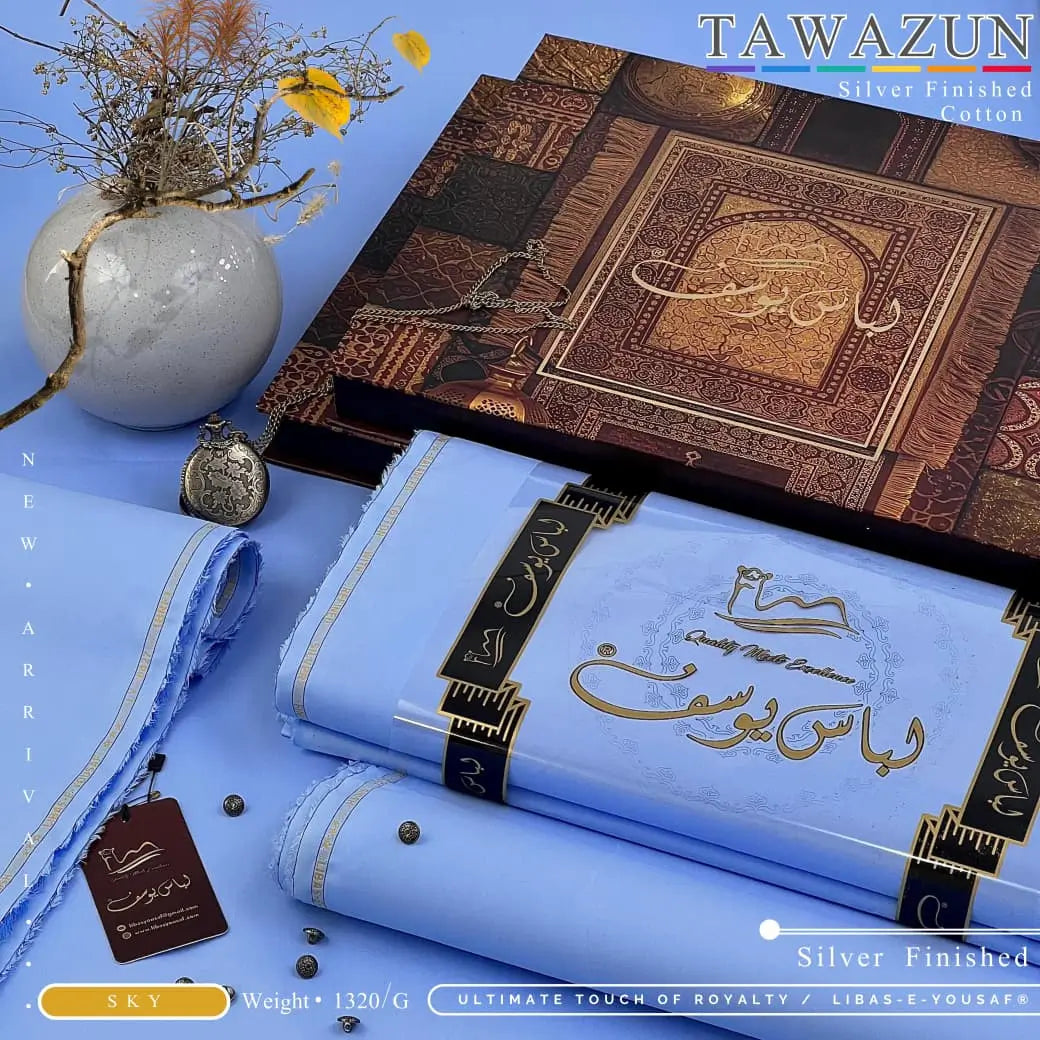 TAWAZUN | By Libas-e-Yousaf® | Silver Refined Finish Premium Cotton | SKY
