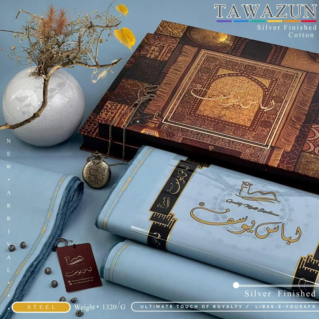 TAWAZUN | By Libas-e-Yousaf® | Silver Refined Finish Premium Cotton | STEEL
